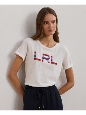 Lauren Ralph Lauren Women's Beaded-Logo Cotton Jersey Tee - White Size L